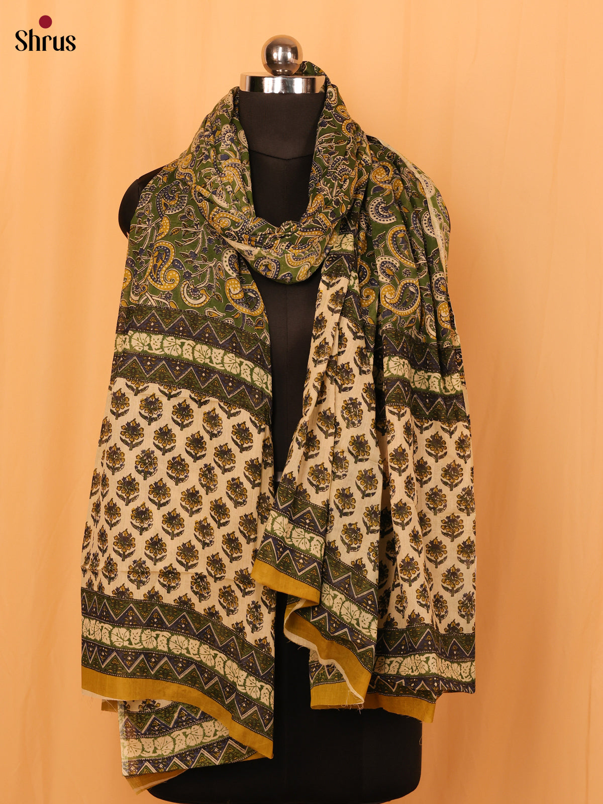 Green Kalamkari Cotton Dupatta - MCL28136