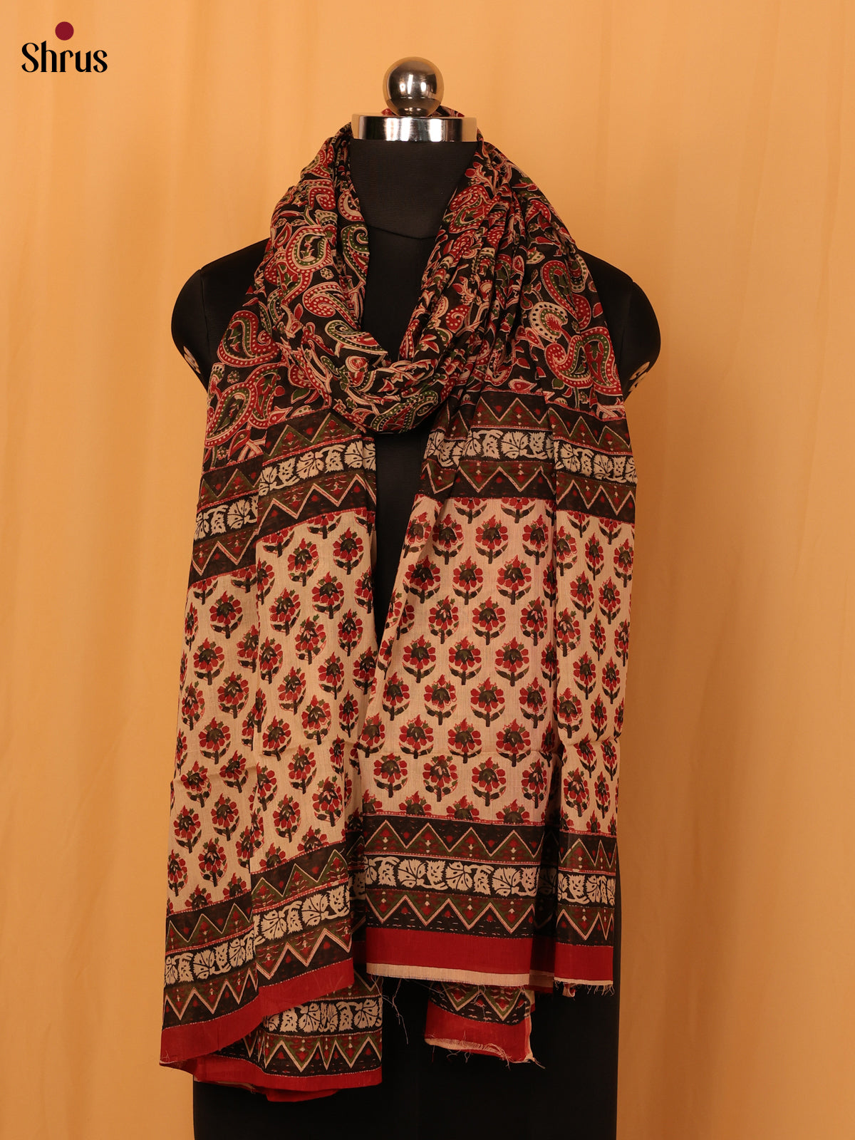 Black Kalamkari Cotton Dupatta - MCL28140