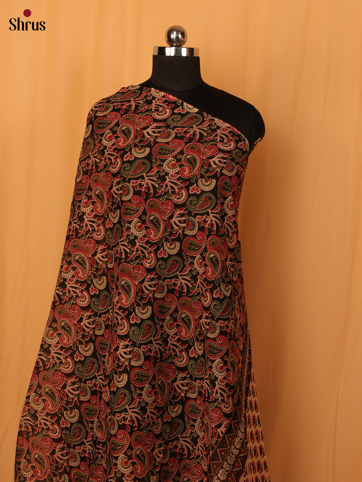 Black Kalamkari Cotton Dupatta - MCL28140