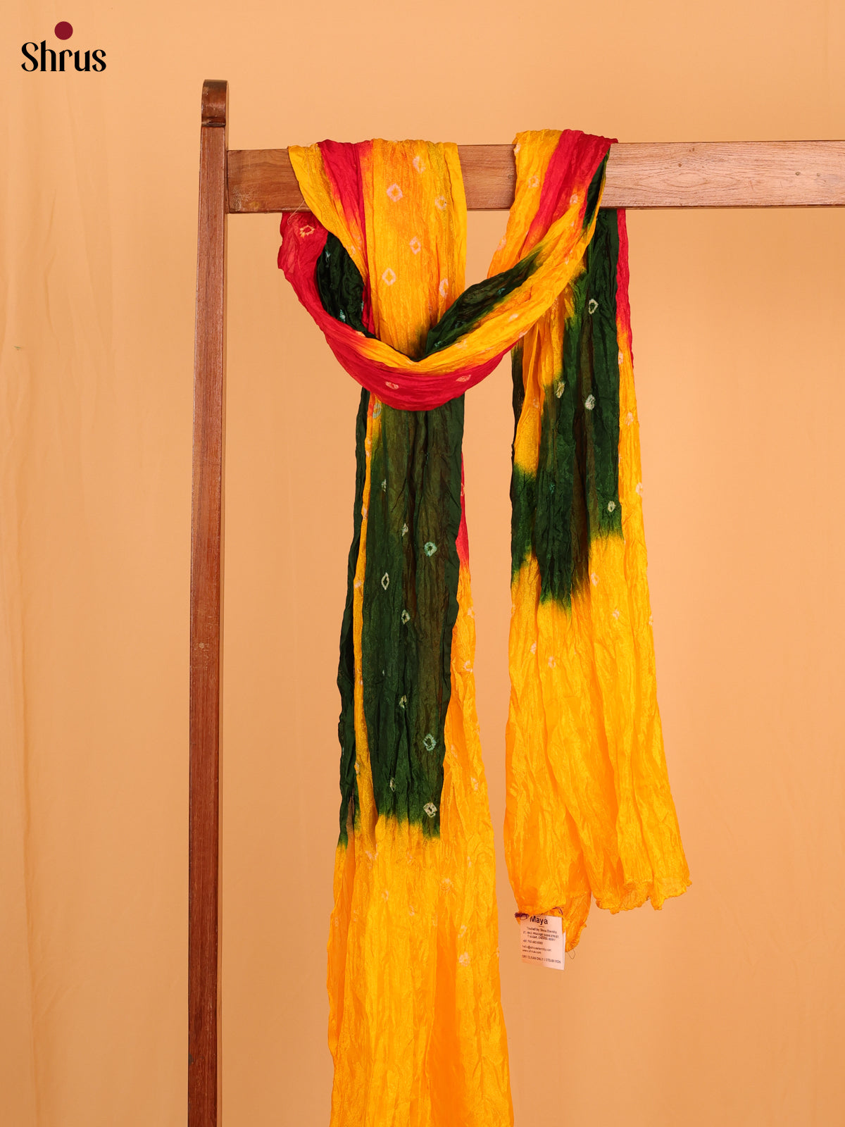 Yellow With Green  Bandhani Synthetic Dupatta