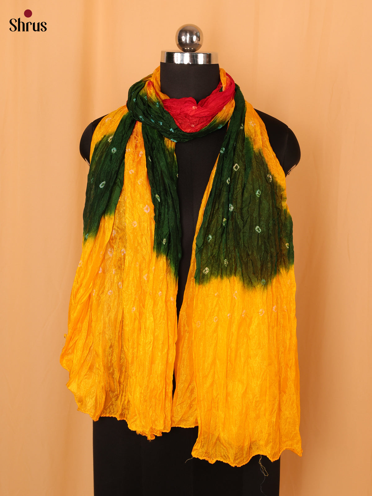 Yellow With Green  Bandhani Synthetic Dupatta