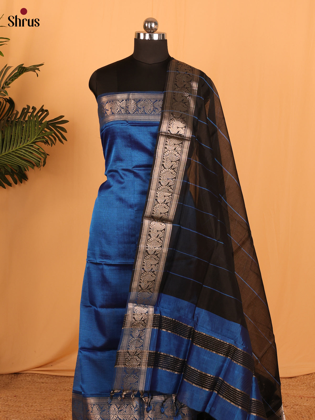 Blue with Black Mangalagiri Cotton Unstitched Suit Set