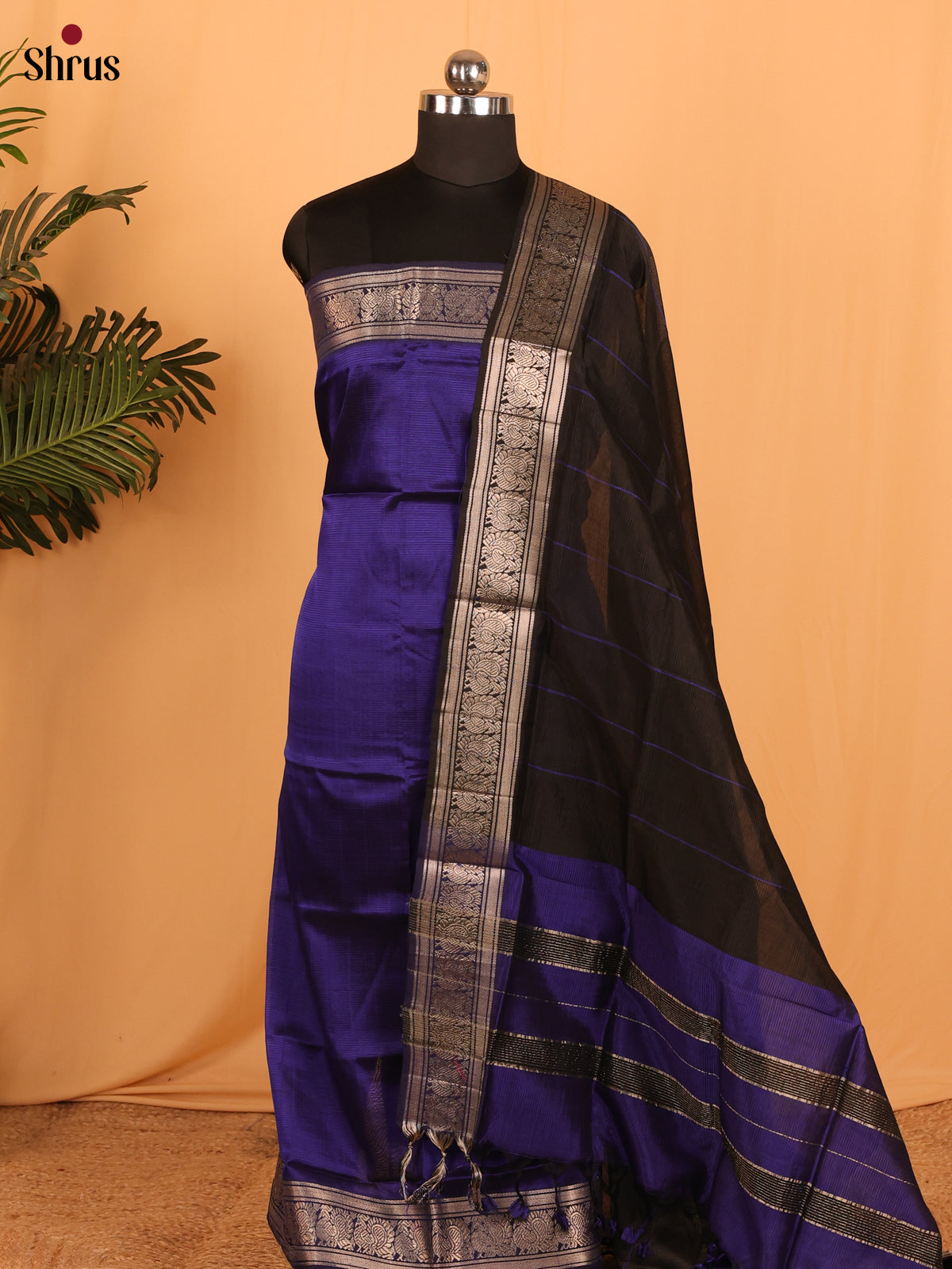 Violet With Black Mangalagiri Cotton Unstitched Suit Set
