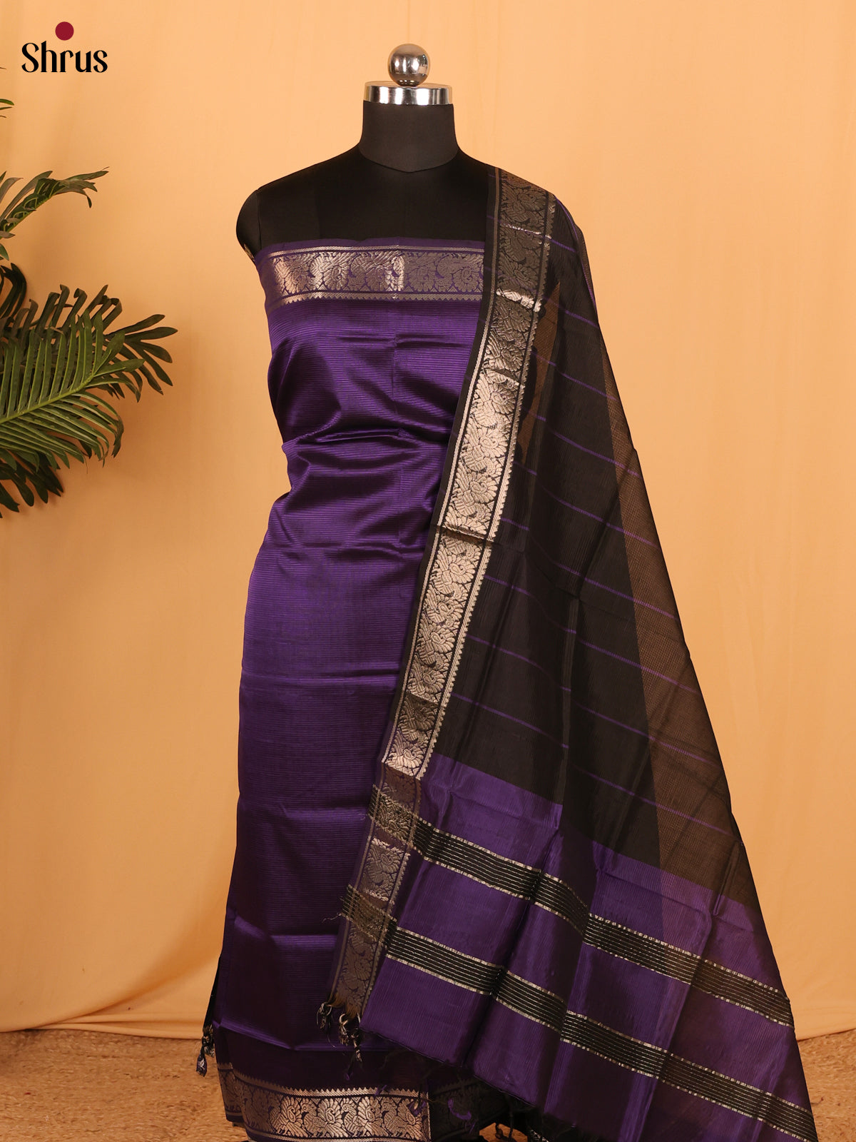 Violet with Black Mangalagiri Cotton Unstitched Suit Set