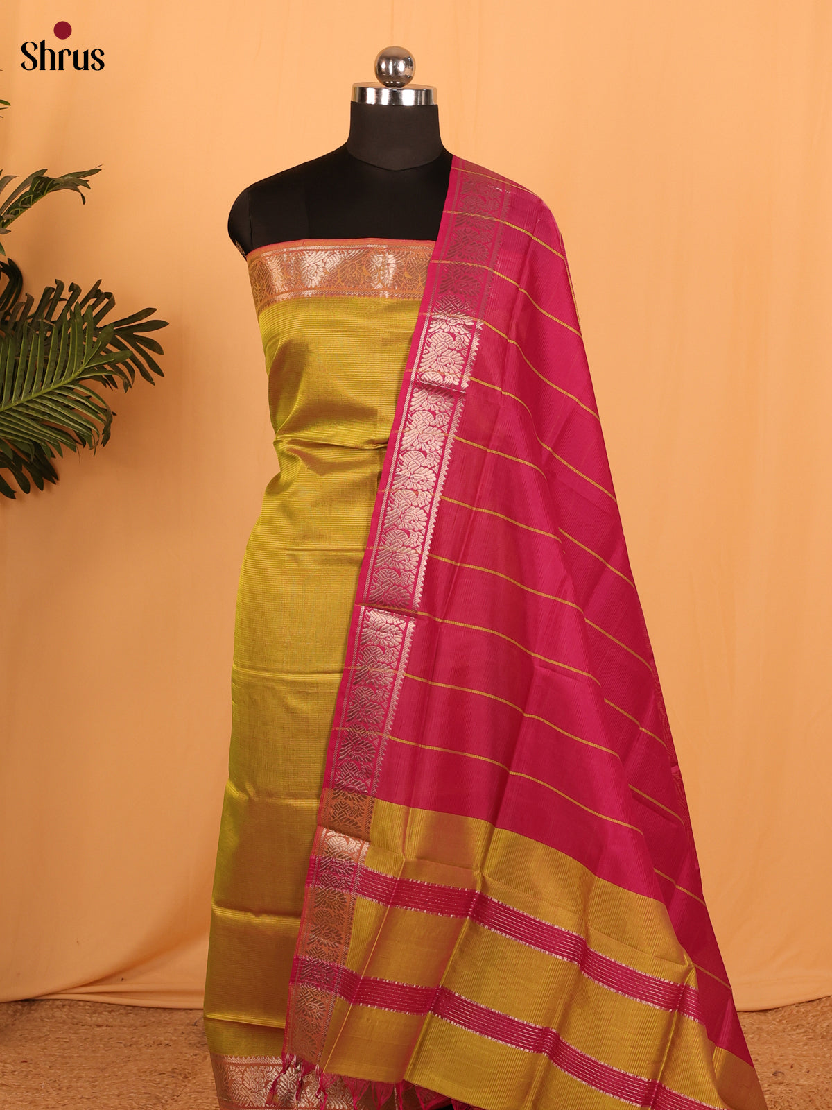 Mustard & Green & Pink Managalagiri Cotton Unstitched Top & Dupatta - MDA04007