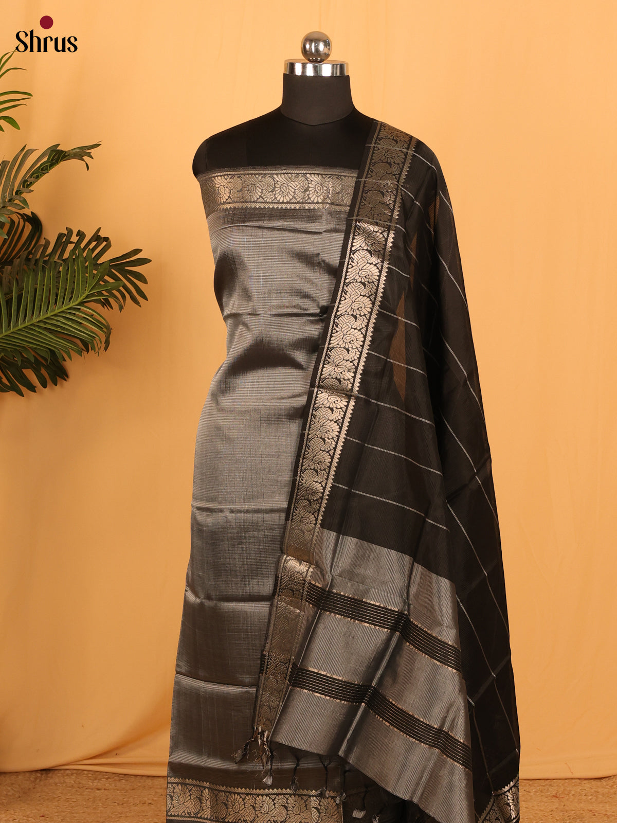 Grey With Black Managalagiri Cotton Unstitched Top & Dupatta - MDA04009