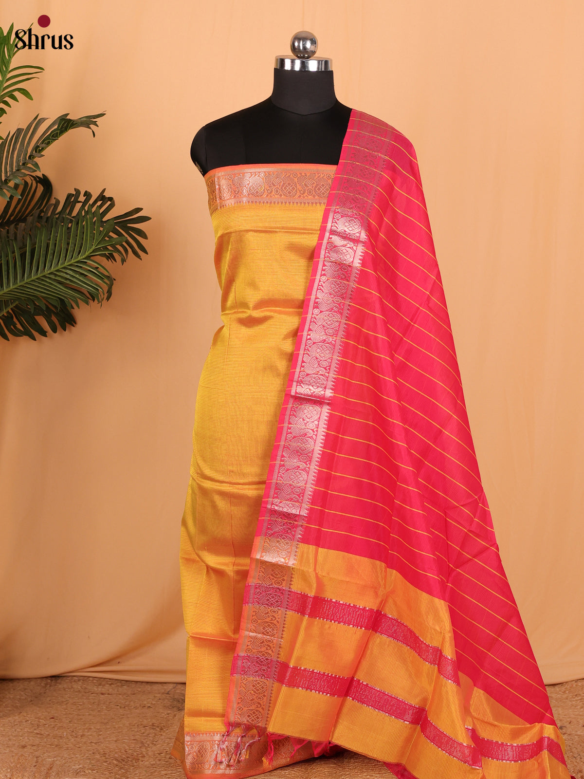 Mustard & Pink Managalagiri Cotton Unstitched Top & Dupatta - MDA04016