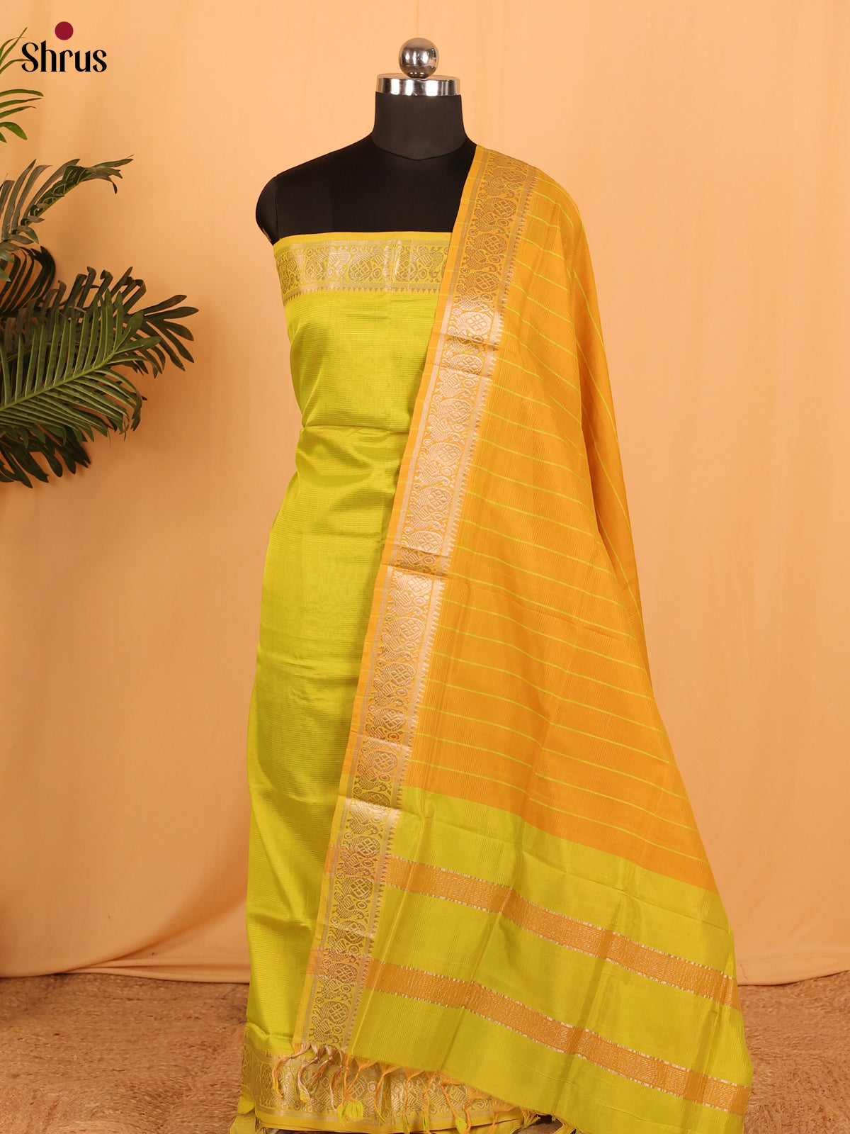 Green with Mustrad Managalagiri Cotton Unstitched Top & Dupatta - MDA04017