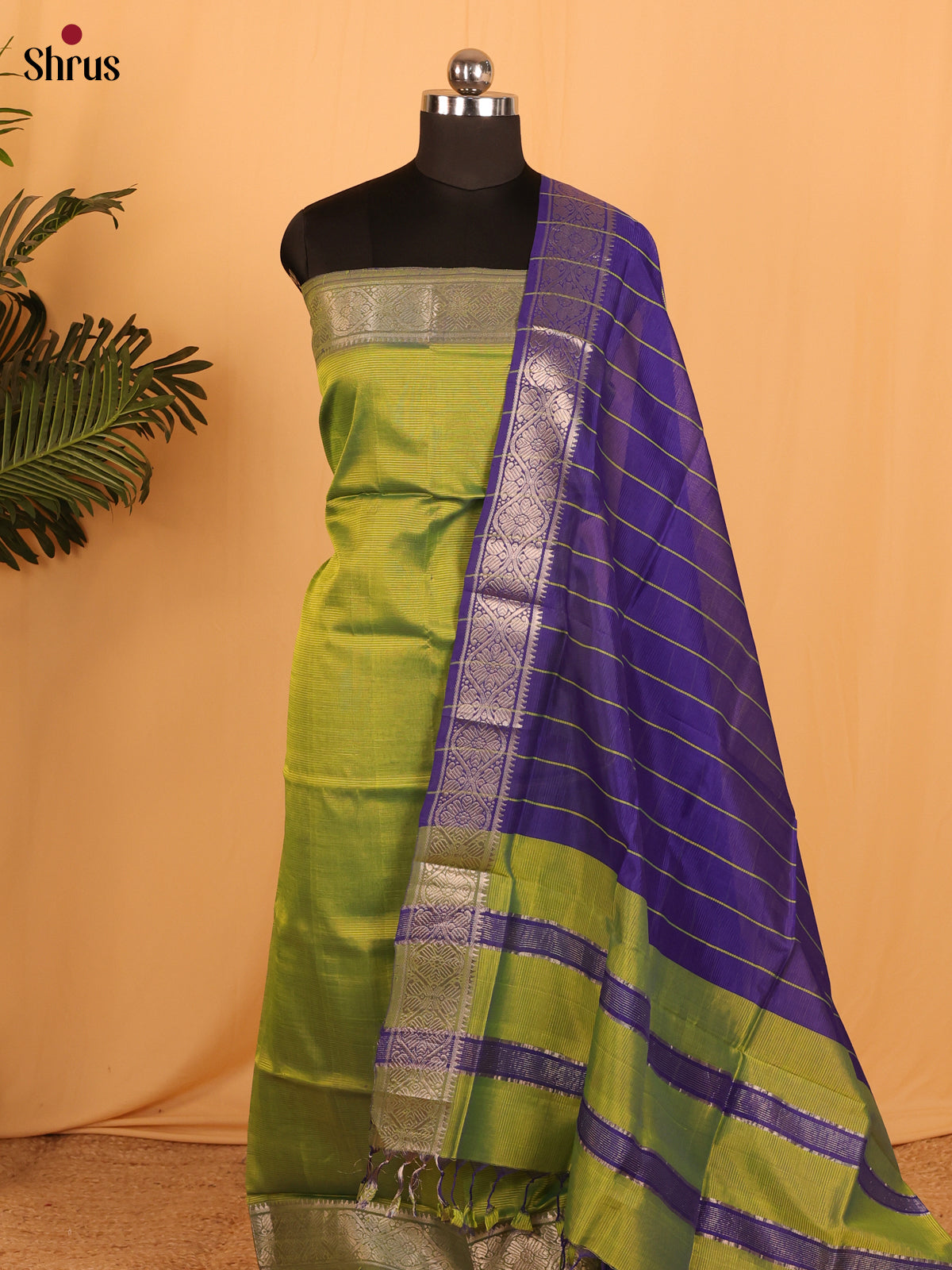 Green with Violet Managalagiri Cotton Unstitched Suit Set