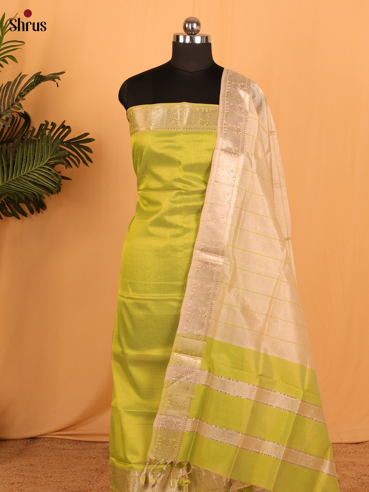Green & Cream Mangalagiri Cotton Unstitched Top & Dupatta - MDA04022
