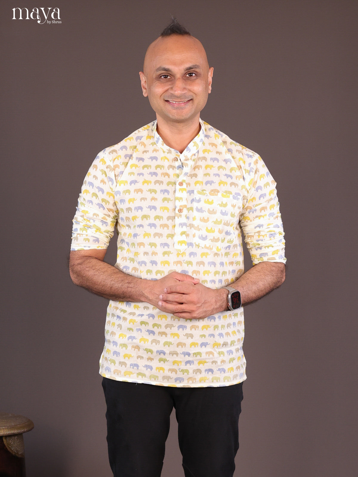 Cream Cotton Elephant Printed Short Men Kurta