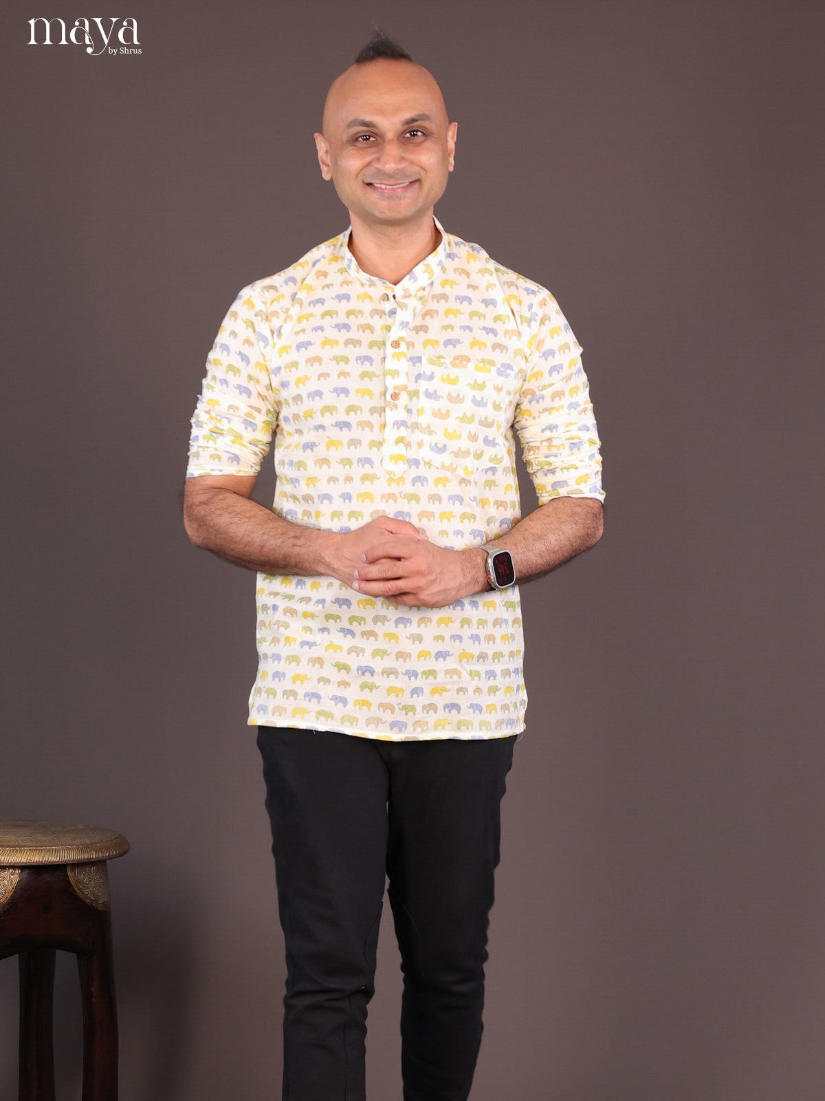 Cream Cotton Elephant Printed Short Men Kurta