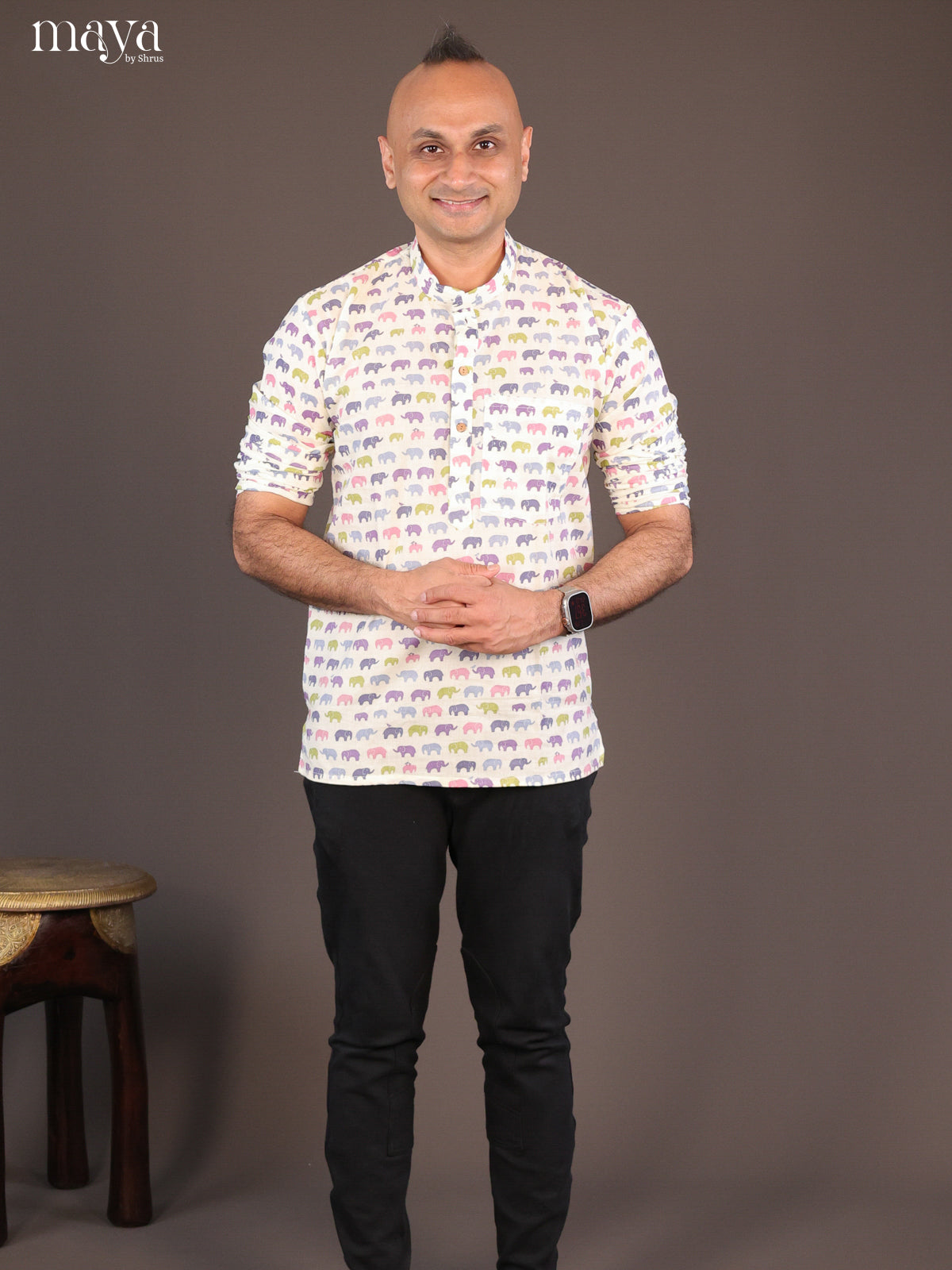 Cream Cotton Printed Short Men Kurta