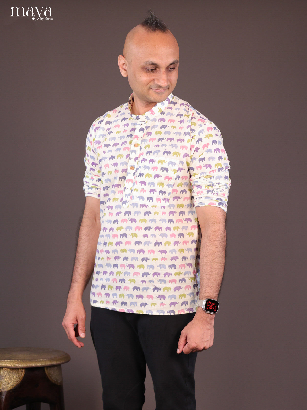 Cream Cotton Printed Short Men Kurta