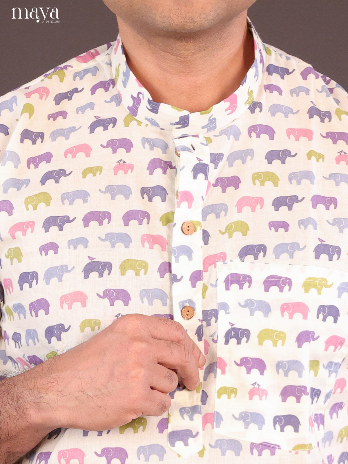 Cream Cotton Printed Short Men Kurta
