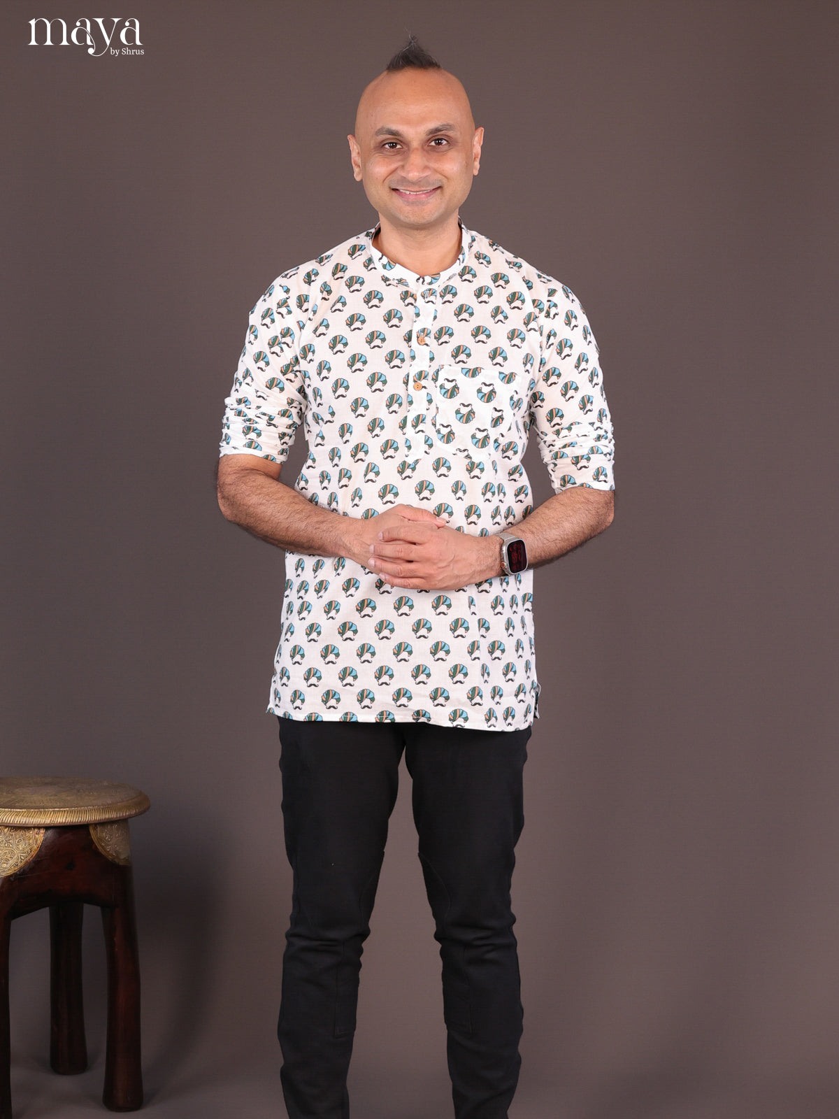 White Cotton Warli Printed Short Men Kurta