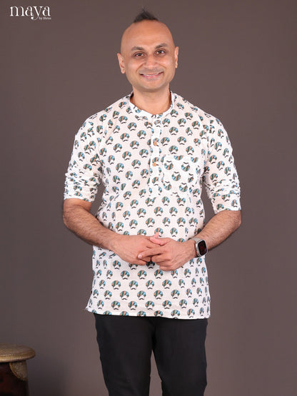 White Cotton Warli Printed Short Men Kurta