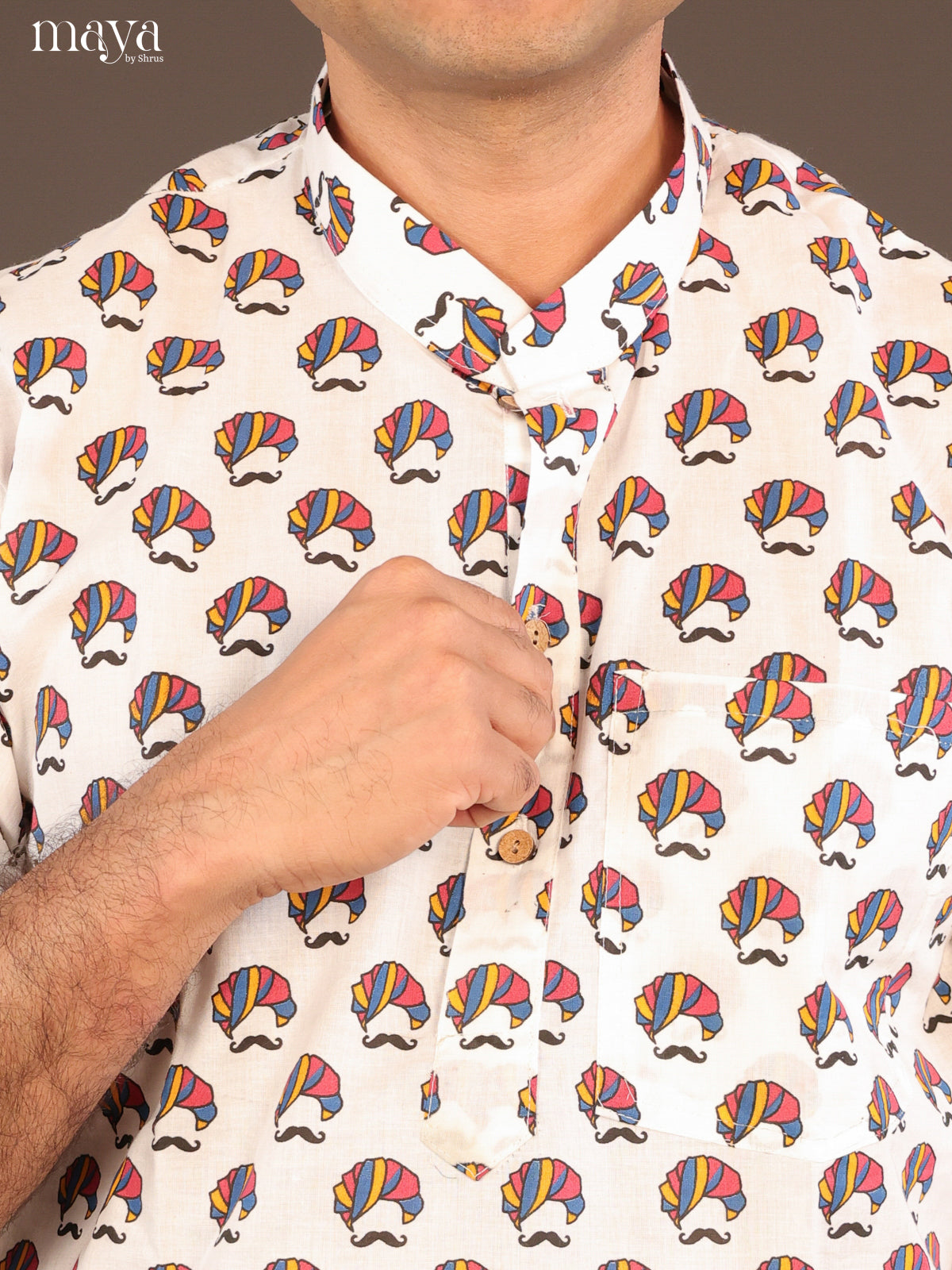 White Cotton Warli Printed Short Men Kurta