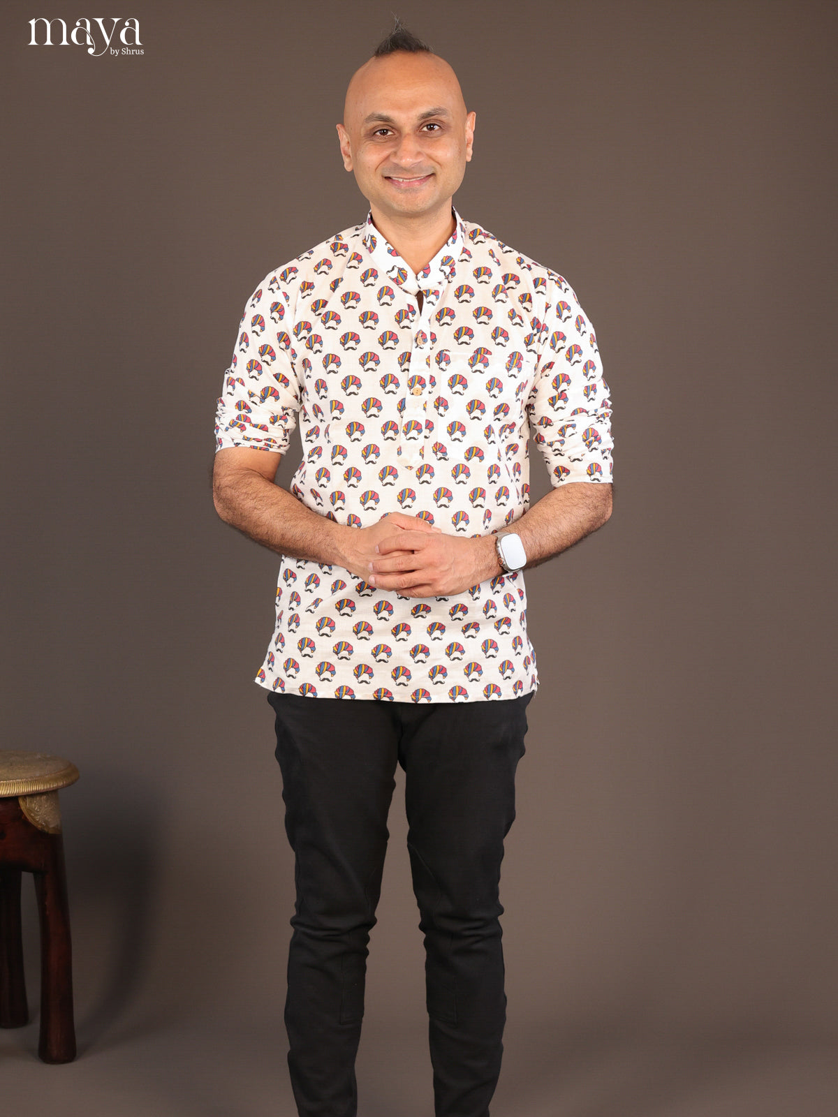 White Cotton Warli Printed Short Men Kurta