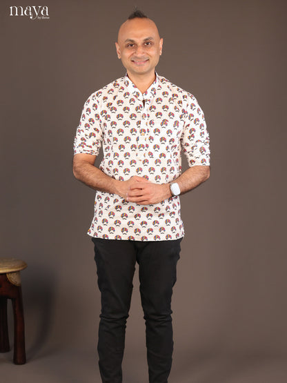 White Cotton Warli Printed Short Men Kurta