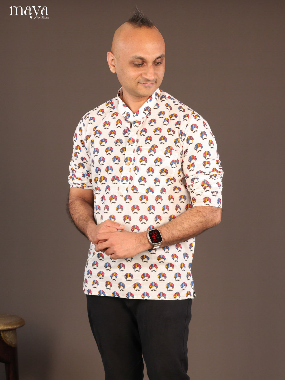 White Cotton Warli Printed Short Men Kurta