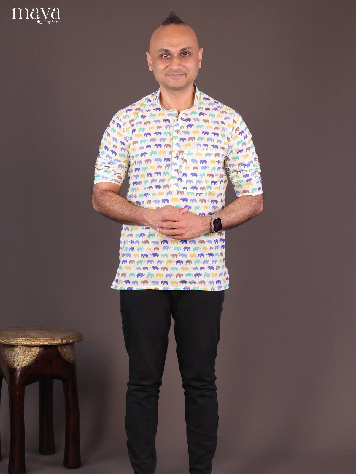 Cream Cotton Elephant Printed Short Men Kurta