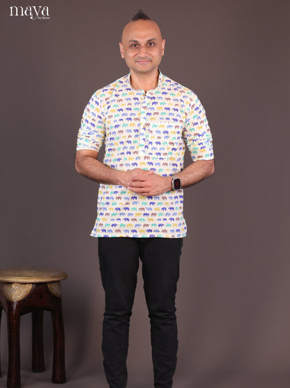 Cream Cotton Elephant Printed Short Men Kurta