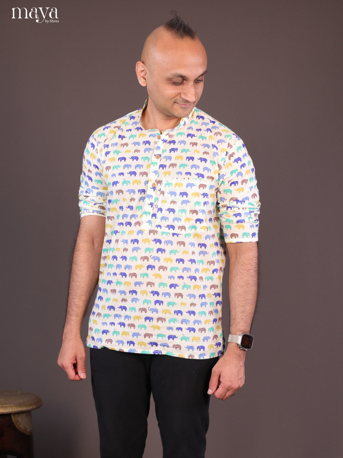 Cream Cotton Elephant Printed Short Men Kurta