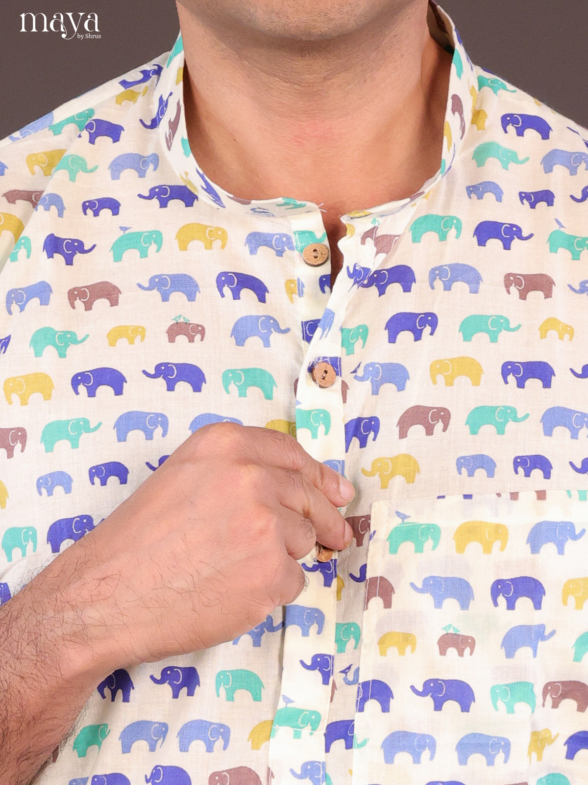 Cream Cotton Elephant Printed Short Men Kurta