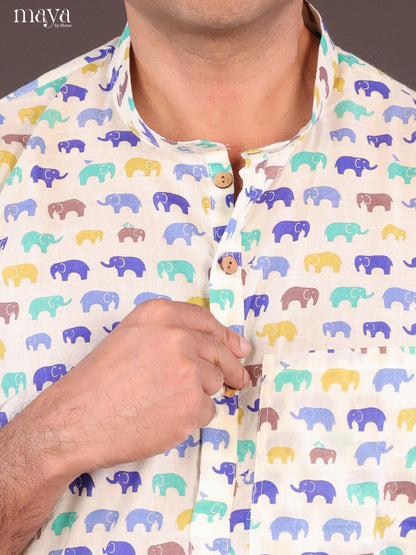 Cream Cotton Elephant Printed Short Men Kurta