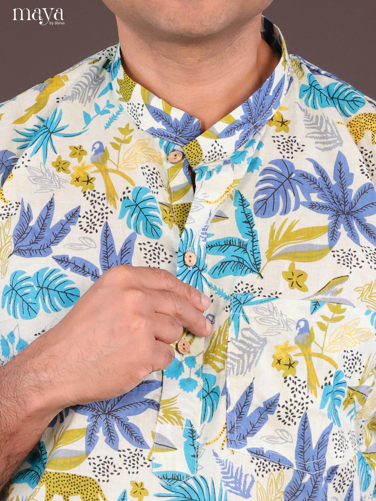 Cream Cotton Digital Printed Short Men Kurta
