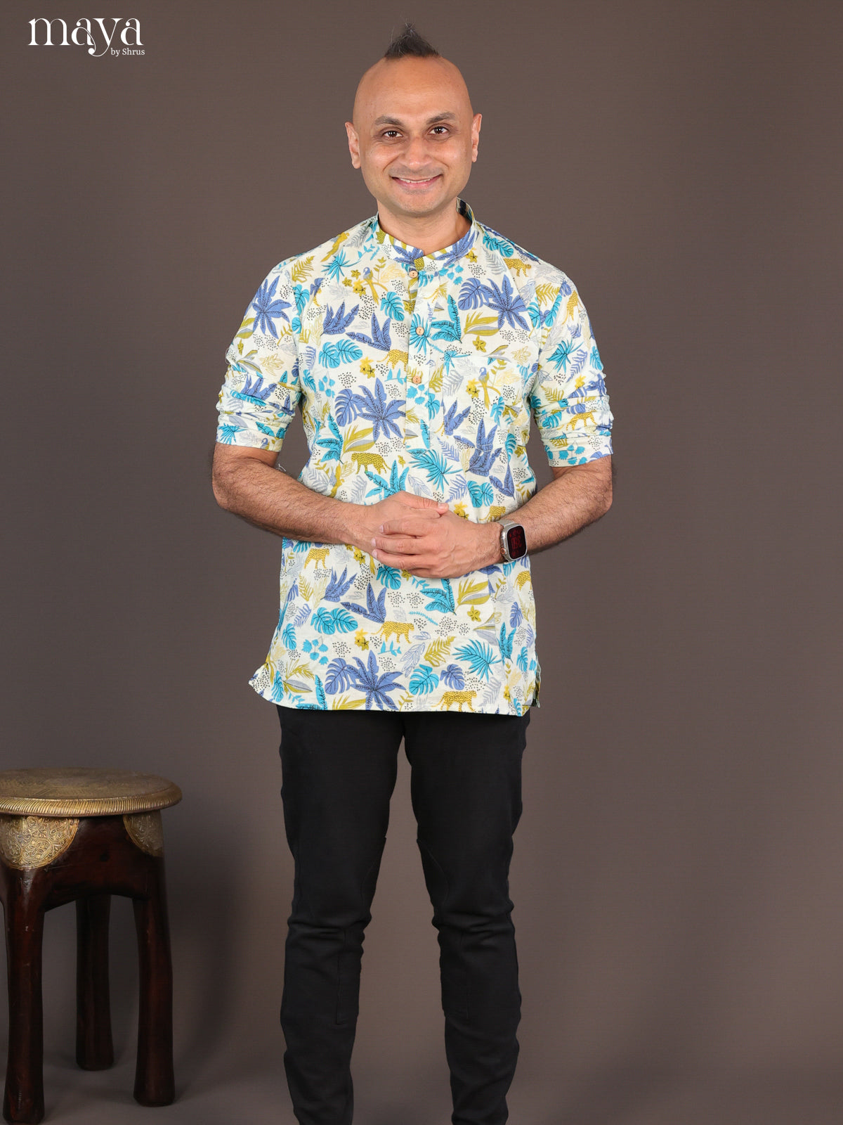 Cream Cotton Digital Printed Short Men Kurta