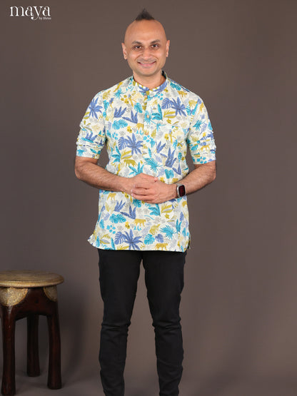 Cream Cotton Digital Printed Short Men Kurta