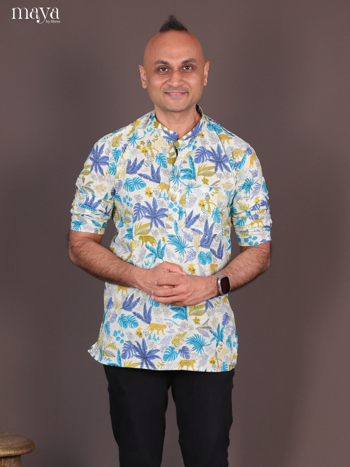 Cream Cotton Digital Printed Short Men Kurta