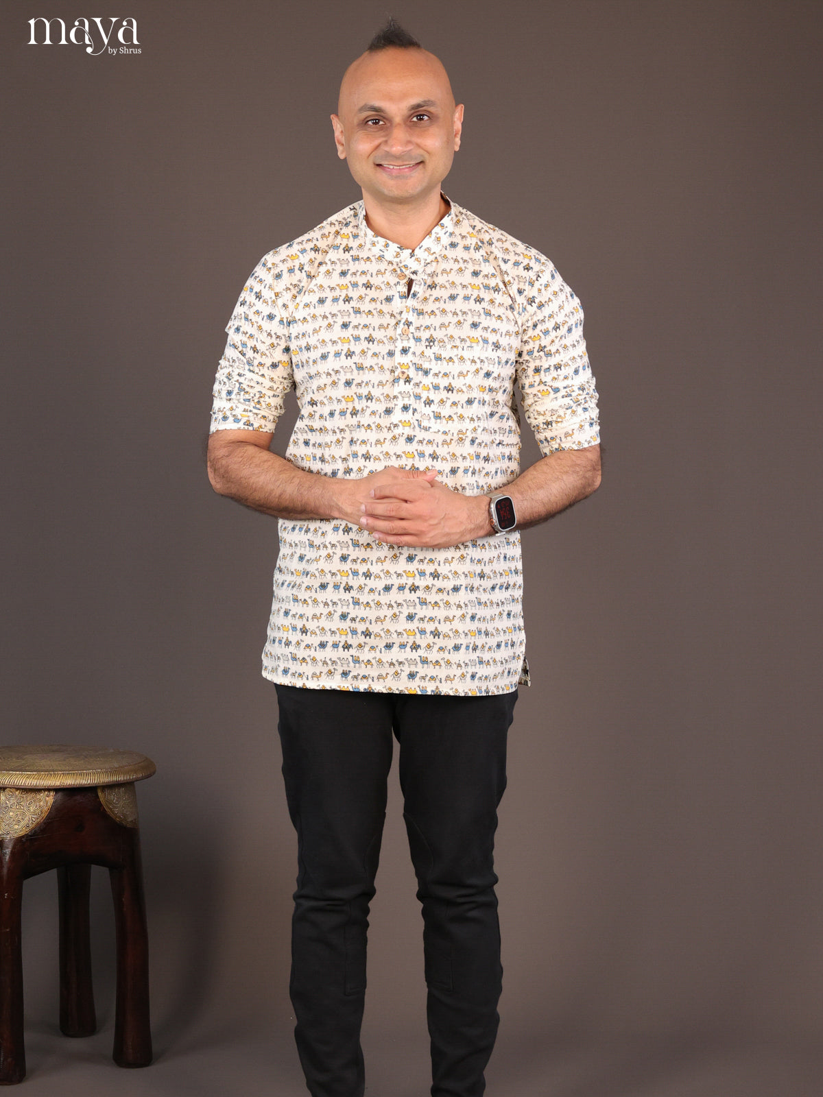 Cream Cotton Block Printed Short Men Kurta