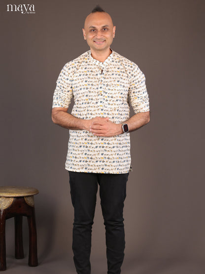 Cream Cotton Block Printed Short Men Kurta