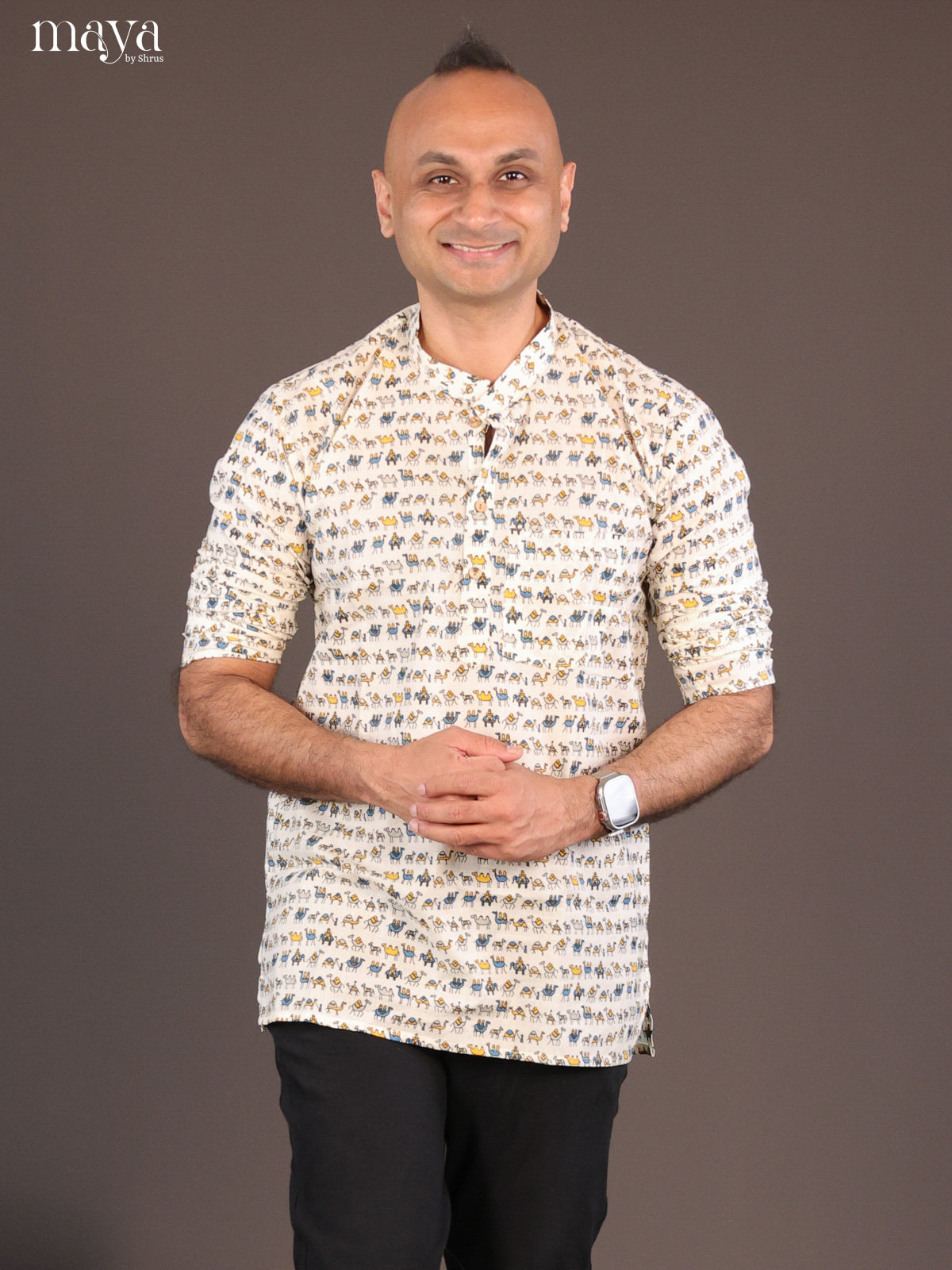 Cream Cotton Block Printed Short Men Kurta