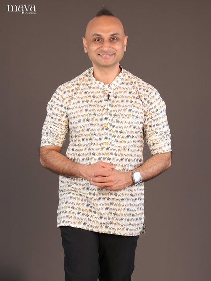 Cream Cotton Block Printed Short Men Kurta