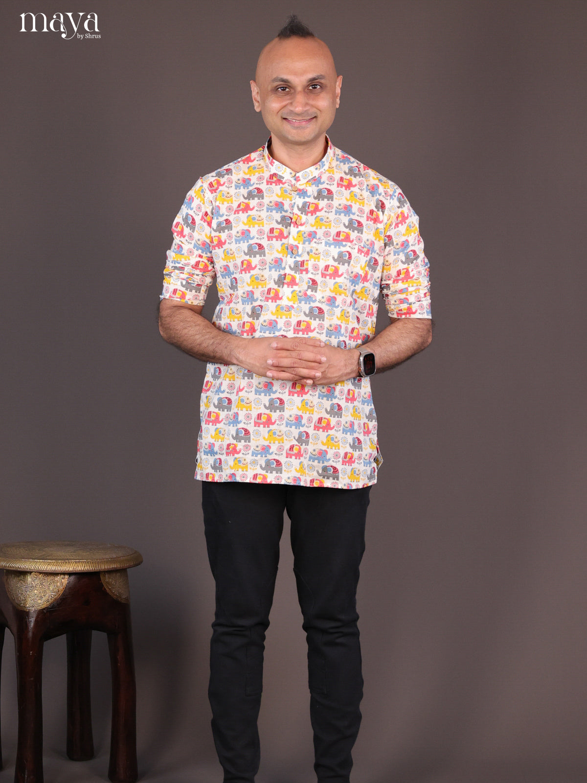 Cream Cotton Elephant Short Men Kurta