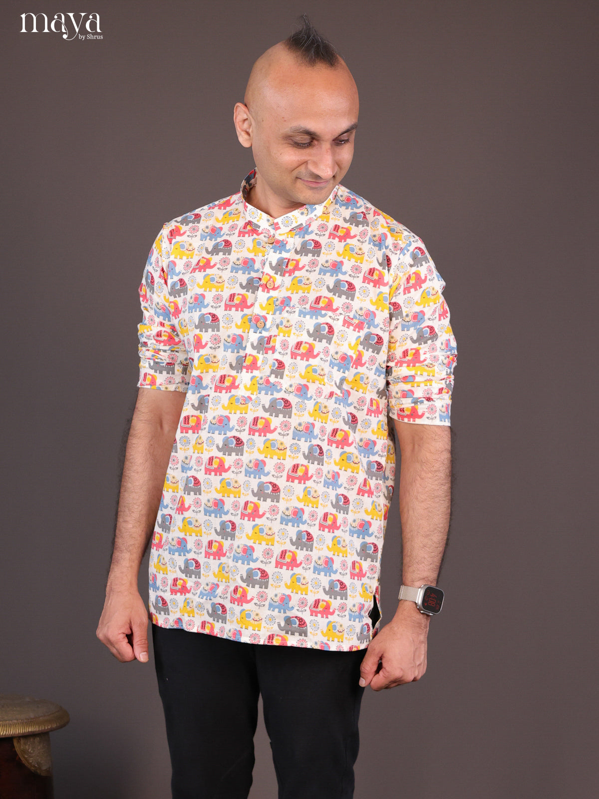 Cream Cotton Elephant Short Men Kurta