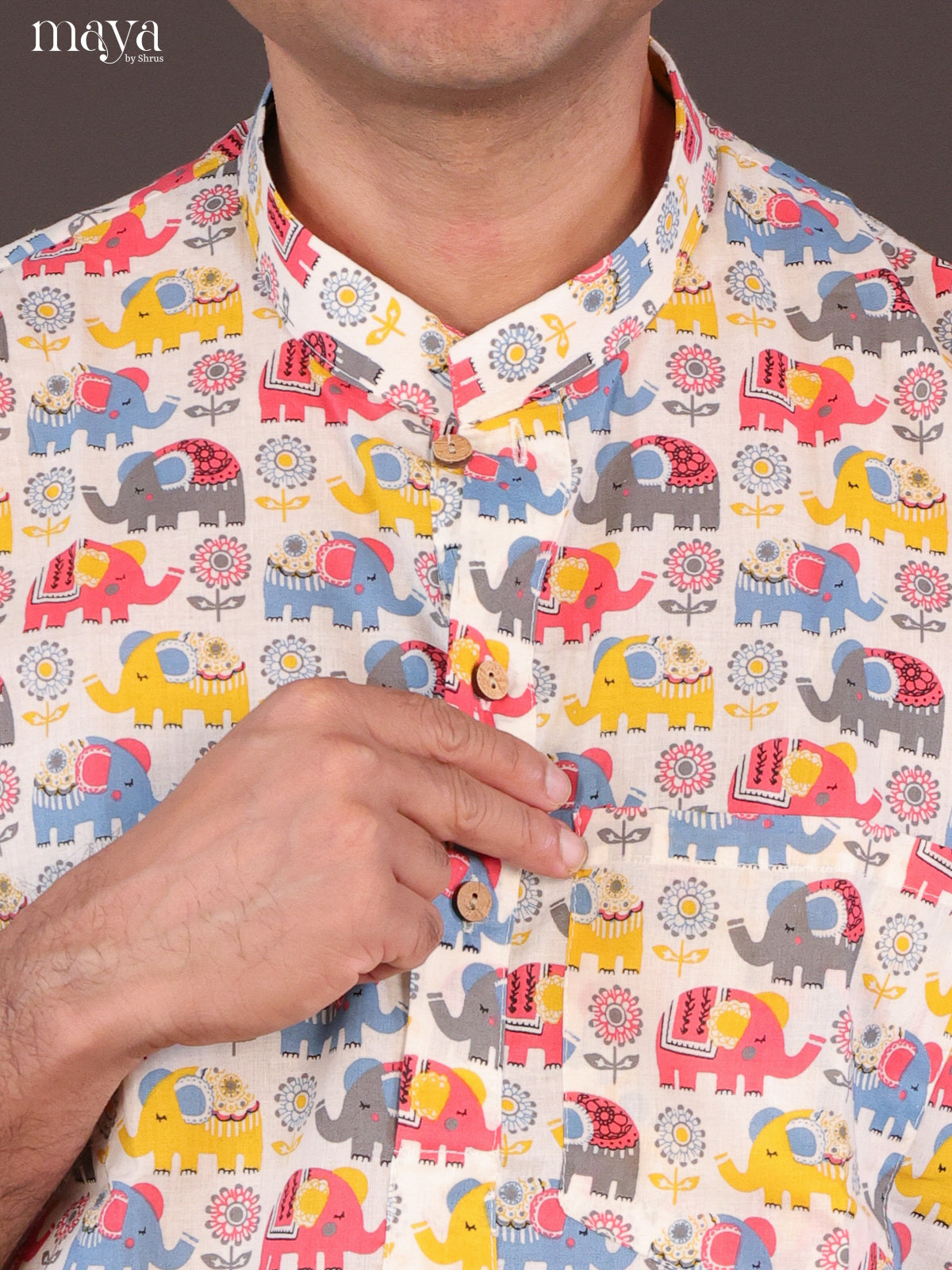 Cream Cotton Elephant Short Men Kurta