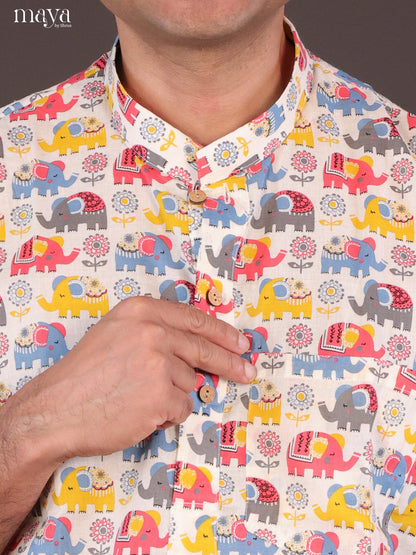 Cream Cotton Elephant Short Men Kurta