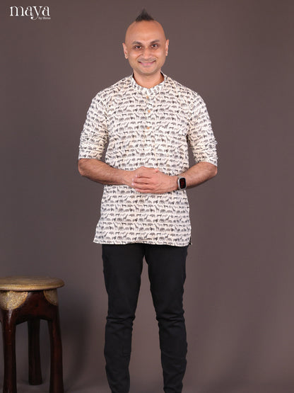 Cream Cotton Animal Printed Short Men Kurta