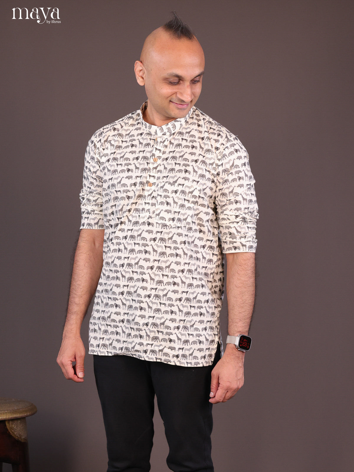 Cream Cotton Animal Printed Short Men Kurta