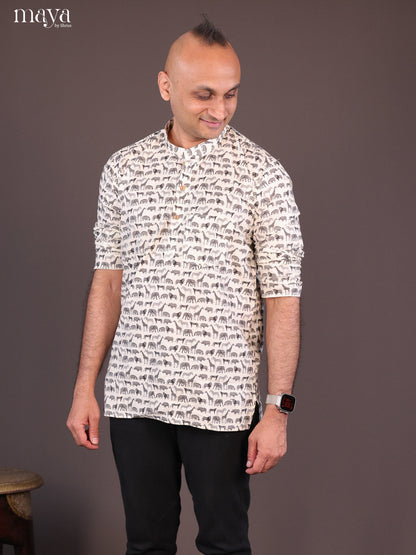 Cream Cotton Animal Printed Short Men Kurta