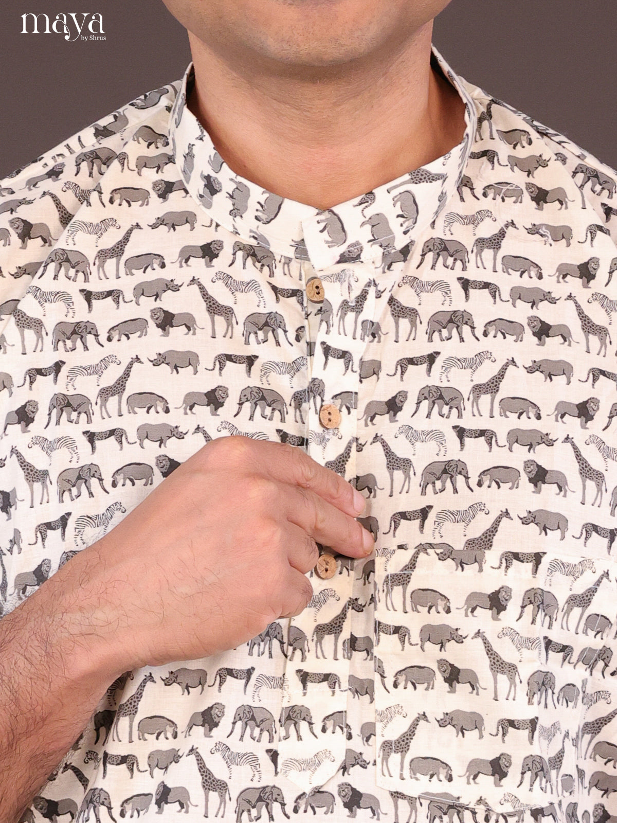 Cream Cotton Animal Printed Short Men Kurta