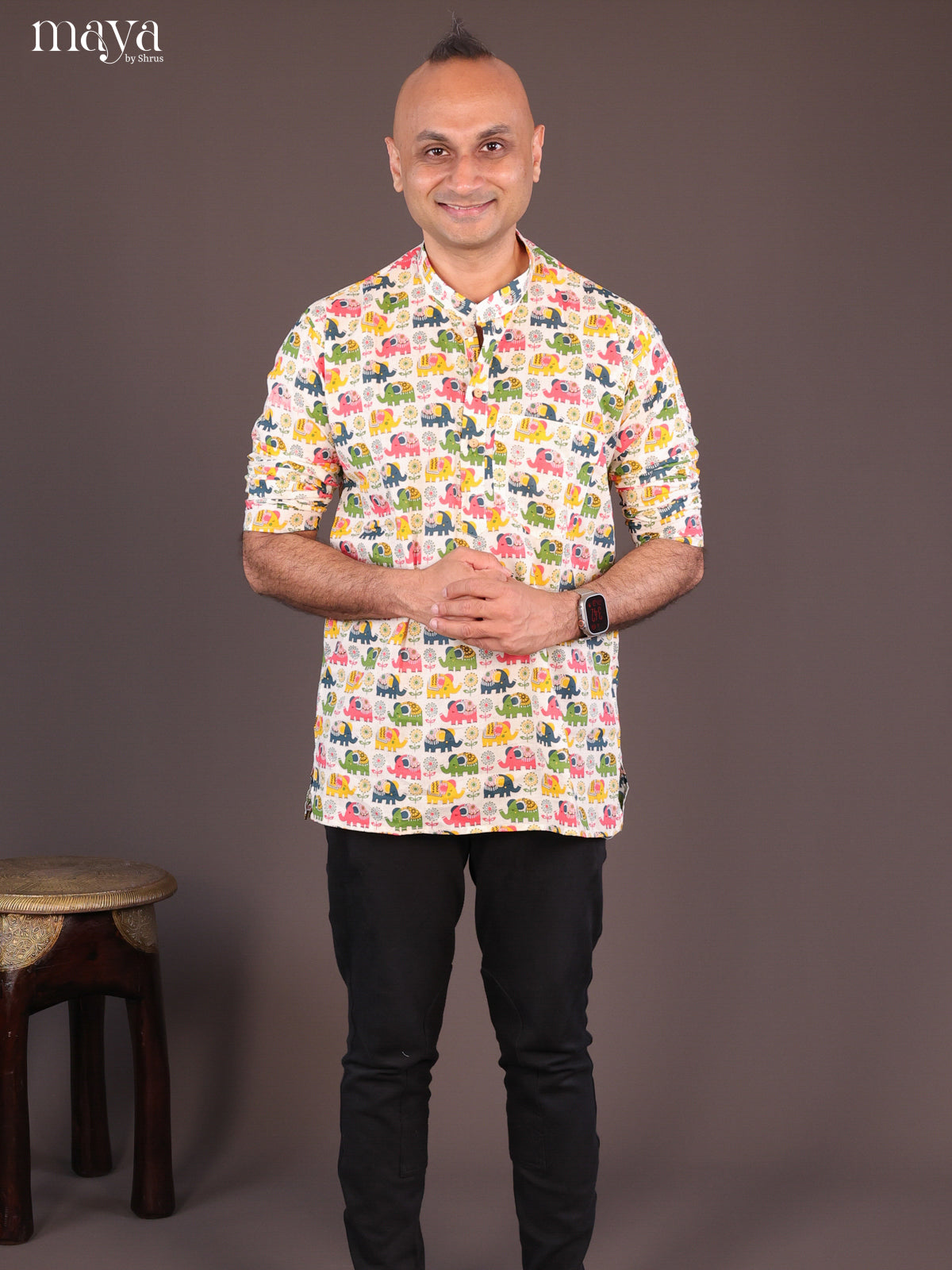 Cream Cotton Elephant Printed Short Men Kurta