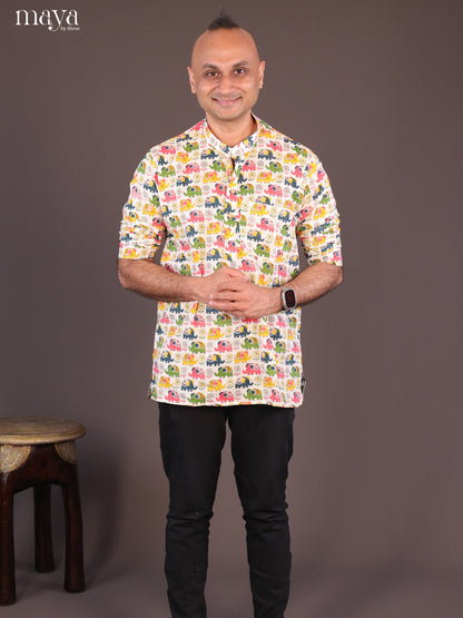 Cream Cotton Elephant Printed Short Men Kurta