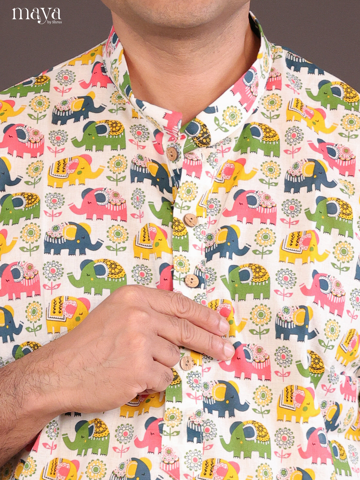 Cream Cotton Elephant Printed Short Men Kurta