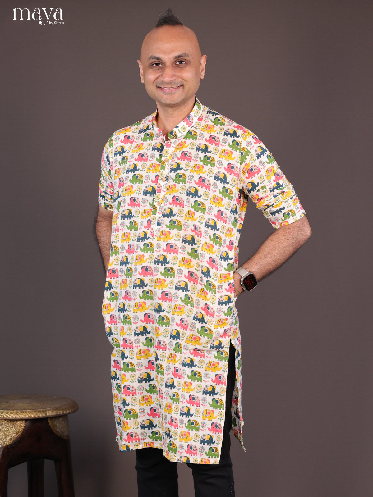 Cream Cotton Elephant Printed Short Men Kurta